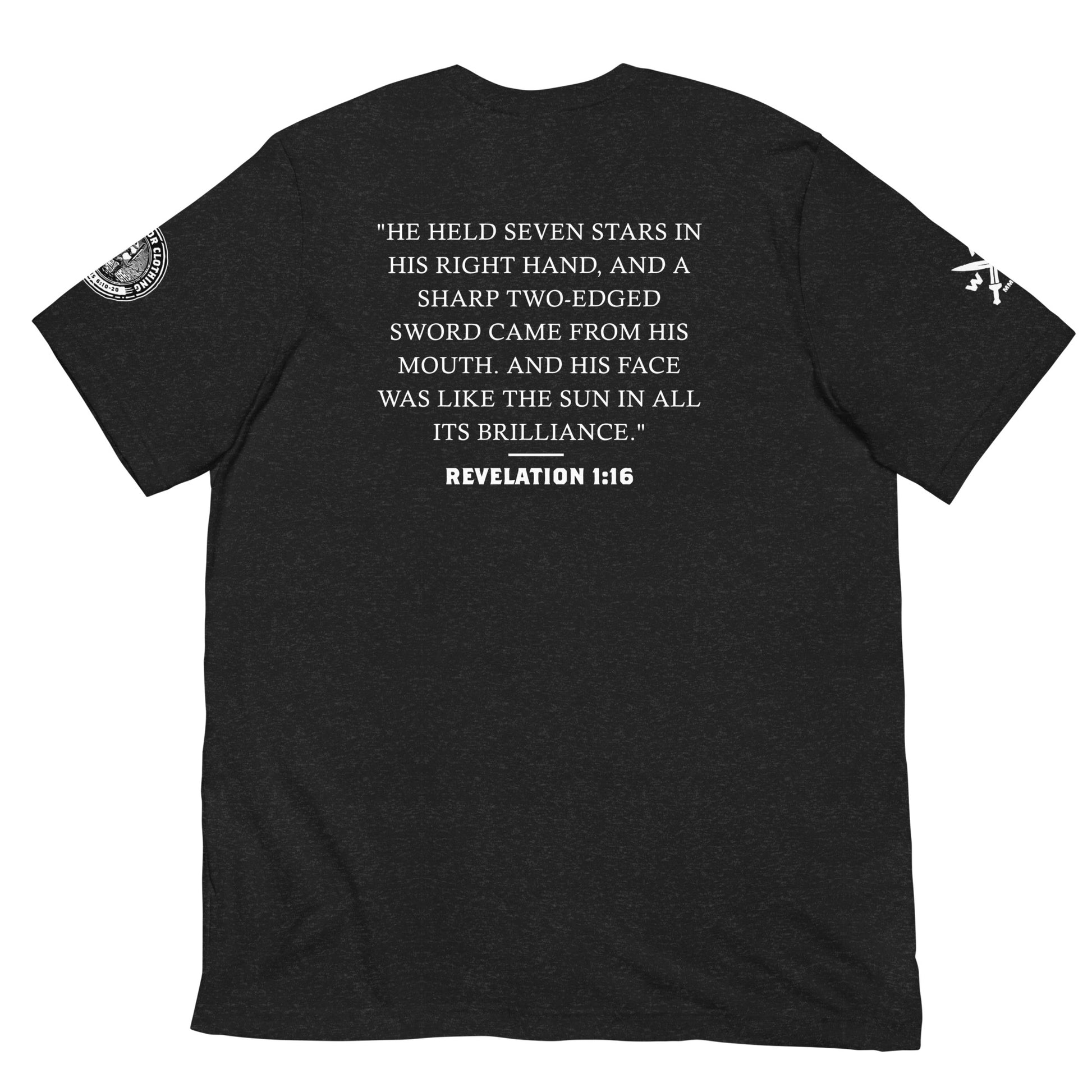 Revelation 1:16 Sword and Sun Black Heather Unisex T-Shirt - Whole Armor Clothing